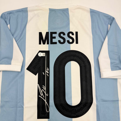 Autographed/Signed Lionel Leo Messi Argentina Blue/White Soccer Jersey Beckett BAS COA