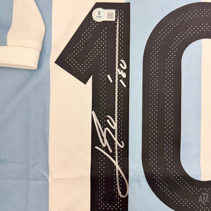 Autographed/Signed Lionel Leo Messi Argentina Blue/White Soccer Jersey Beckett BAS COA