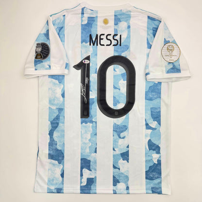 Autographed/Signed Lionel Leo Messi Argentina Blue/White Soccer Jersey Beckett BAS COA