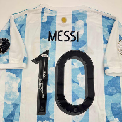 Autographed/Signed Lionel Leo Messi Argentina Blue/White Soccer Jersey Beckett BAS COA