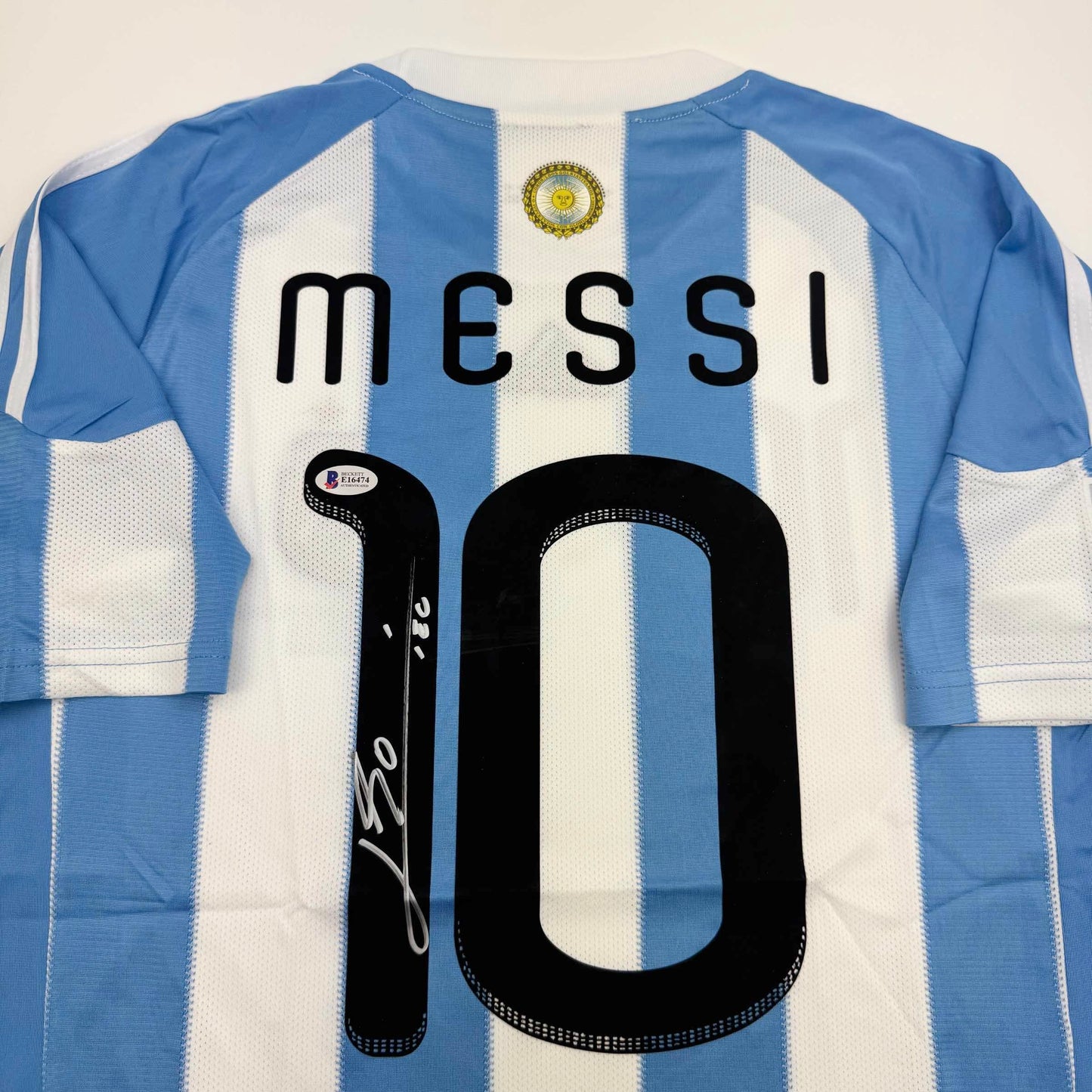 Autographed/Signed Lionel Leo Messi Argentina Blue/White Soccer Jersey Beckett BAS COA