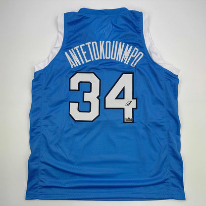 Facsimile Autographed Giannis Antetokounmpo Greece Light Blue Reprint Laser Auto Basketball Jersey Size Men's XL