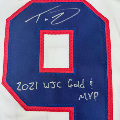 Autographed/Signed Trevor Zegras 2021 WJC Gold & MVP Team USA White Hockey Jersey JSA COA