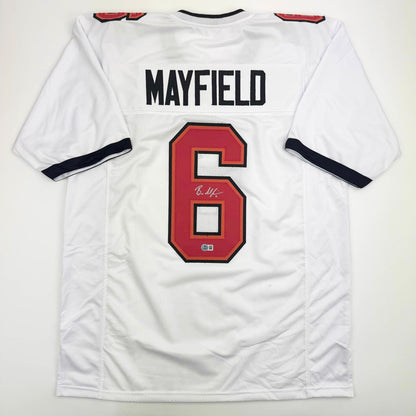 Autographed/Signed Baker Mayfield Tampa Bay White Football Jersey Beckett BAS COA