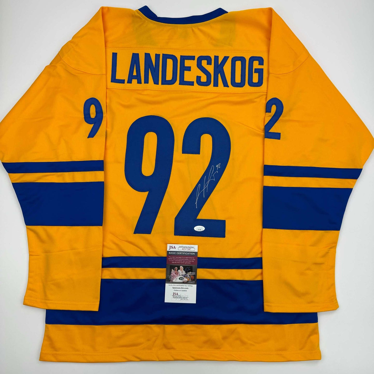 Autographed/Signed Gabriel Landeskog Yellow Team Sweden Hockey Jersey JSA COA