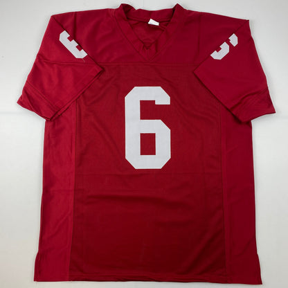 Facsimile Autographed Baker Mayfield Oklahoma Red Reprint Laser Auto College Football Jersey Size Men's XL