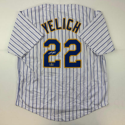 Facsimile Autographed Christian Yelich Milwaukee Pinstripe Reprint Laser Auto Baseball Jersey Size Men's XL