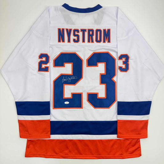 Autographed/Signed Bob Nystrom New York White Hockey Jersey JSA COA