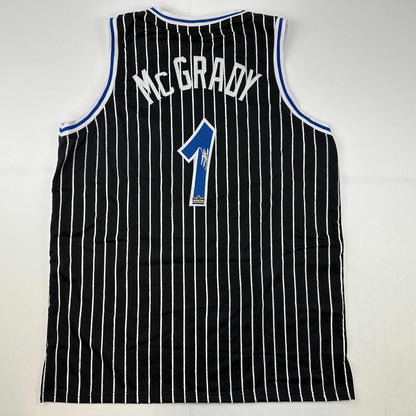 Facsimile Autographed Tracy McGrady Orlando Black Pinstripe Reprint Laser Auto Basketball Jersey Size Men's XL