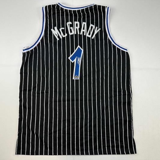 Facsimile Autographed Tracy McGrady Orlando Black Pinstripe Reprint Laser Auto Basketball Jersey Size Men's XL