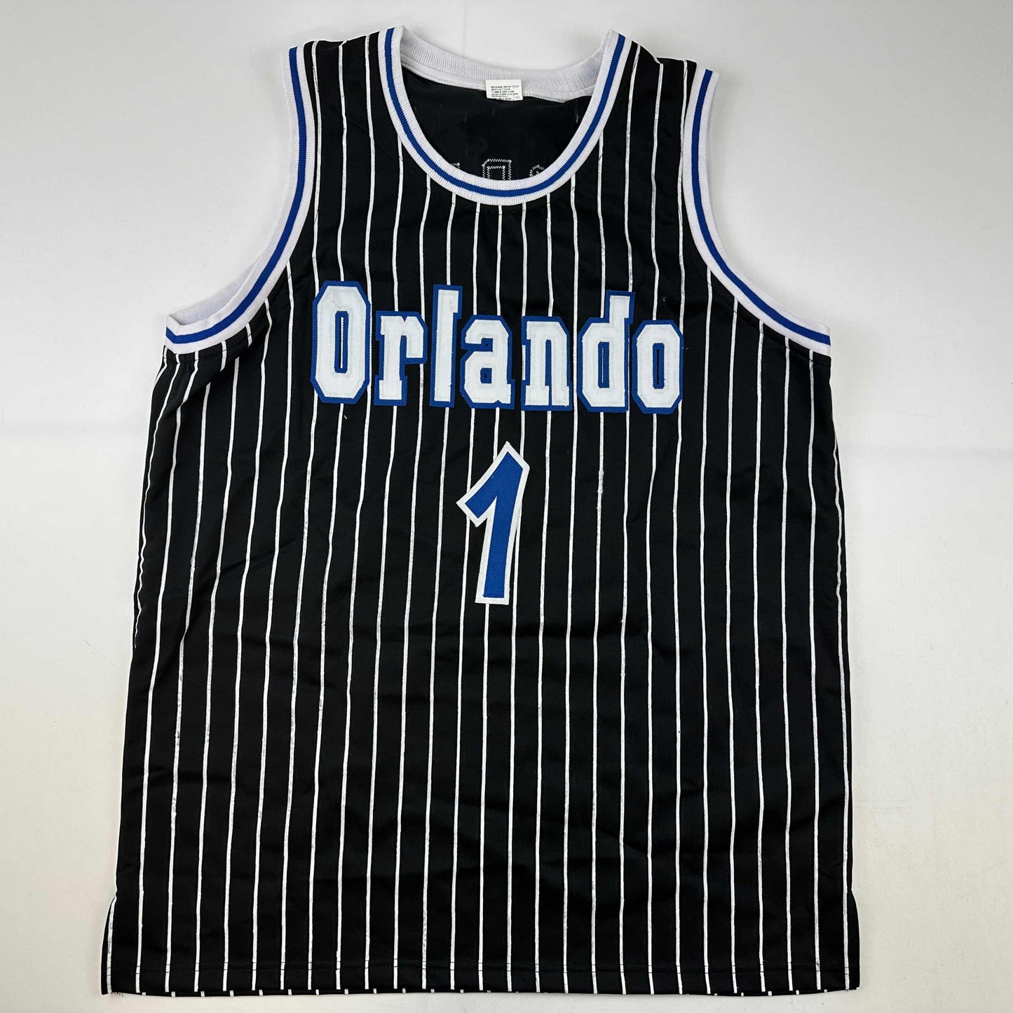 Facsimile Autographed Tracy McGrady Orlando Black Pinstripe Reprint Laser Auto Basketball Jersey Size Men's XL