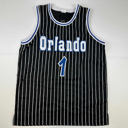 Facsimile Autographed Tracy McGrady Orlando Black Pinstripe Reprint Laser Auto Basketball Jersey Size Men's XL