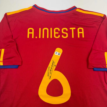 Autographed/Signed Andres Iniesta Spain Red World Cup Soccer Futbol Jersey Beckett BAS COA