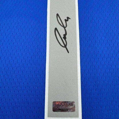 Framed Autographed/Signed Luka Doncic 35x39 Dallas Mavericks Blue Authentic Basketball Jersey Panini COA