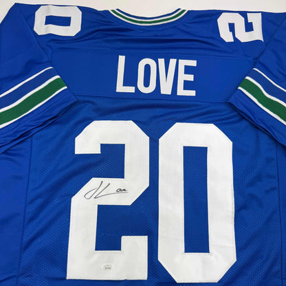 Autographed/Signed Julian Love Seattle Blue Retro Football Jersey JSA COA
