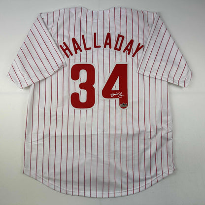 Facsimile Autographed Roy Halladay Philadelphia Pinstripe Reprint Laser Auto Baseball Jersey Size Men's XL