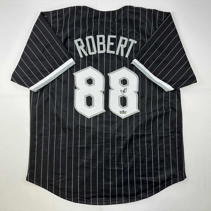 Facsimile Autographed Luis Robert Chicago Black Pinstripe City Connect Reprint Laser Auto Baseball Jersey Size Men's XL