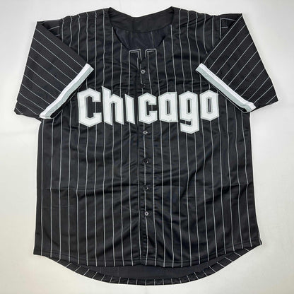 Facsimile Autographed Luis Robert Chicago Black Pinstripe City Connect Reprint Laser Auto Baseball Jersey Size Men's XL