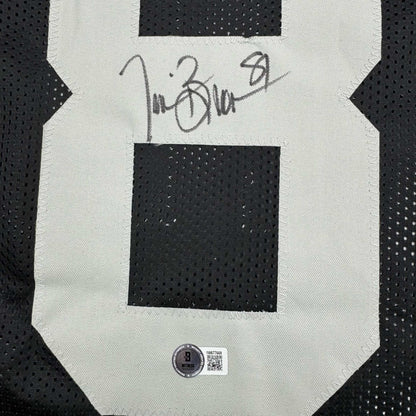 Framed Autographed/Signed Tim Brown 35x39 Oakland Black Football Jersey Beckett BAS COA