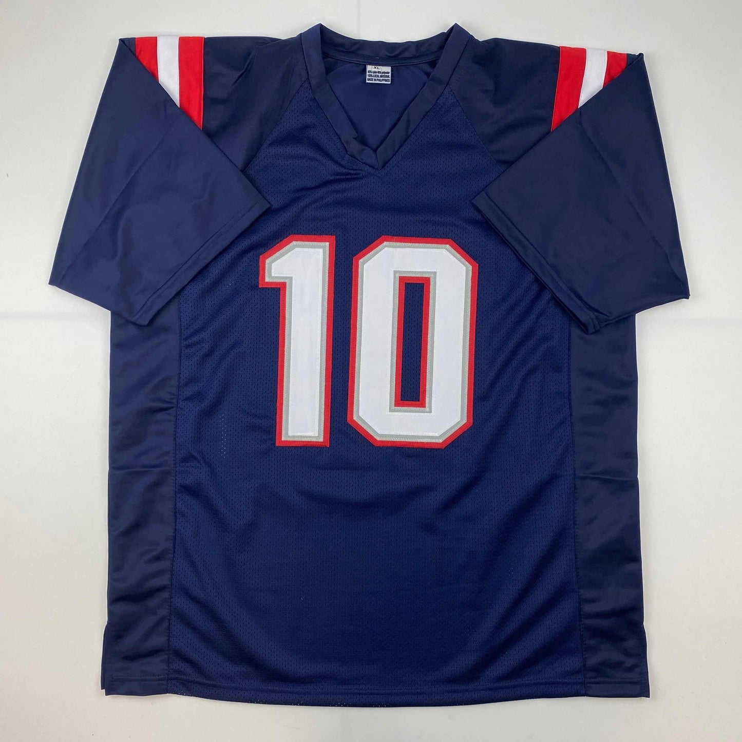 Facsimile Autographed Mac Jones New England Blue Reprint Laser Auto Football Jersey Size Men's XL