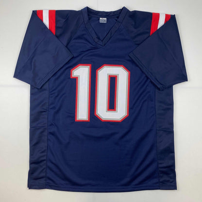 Facsimile Autographed Mac Jones New England Blue Reprint Laser Auto Football Jersey Size Men's XL