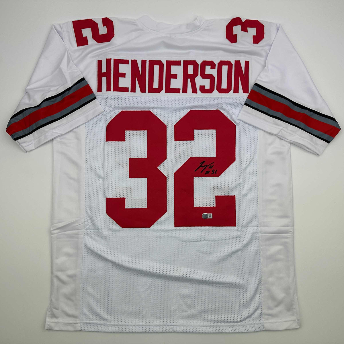 Autographed/Signed TreVeyon Henderson Ohio State White College Football Jersey Beckett BAS COA