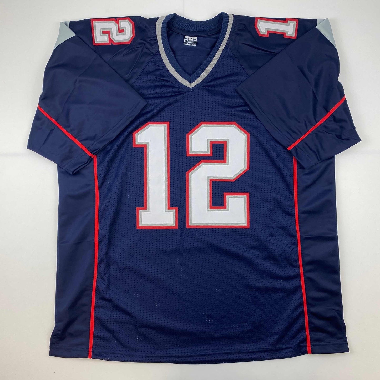 Facsimile Autographed Tom Brady New England Blue Reprint Laser Auto Football Jersey Size Men's XL