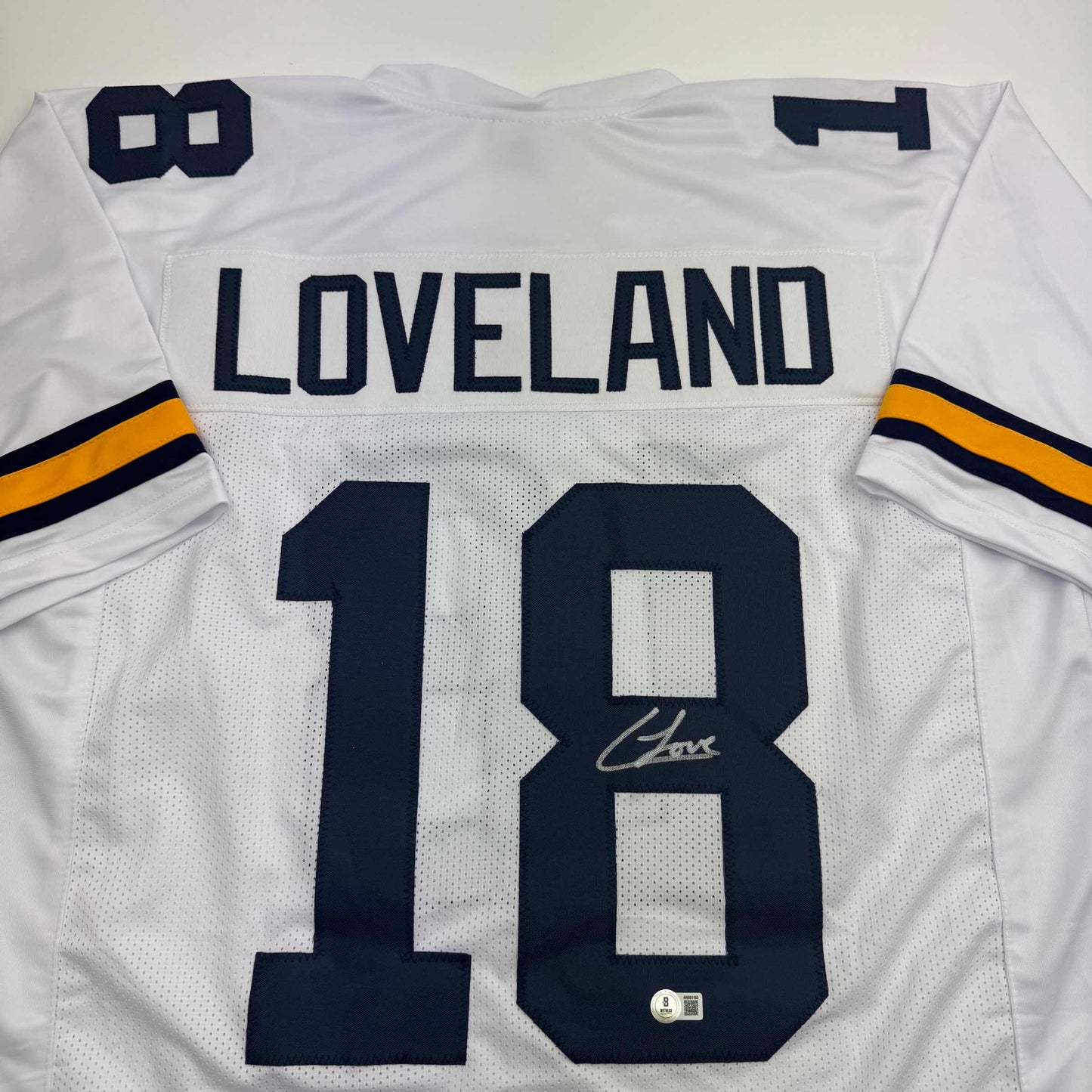 Autographed/Signed Colston Loveland Michigan White College Football Jersey Beckett BAS COA