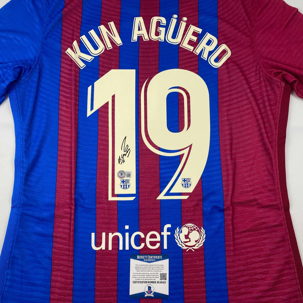 Autographed/Signed Sergio Kun Aguero FC Barcelona Red/Blue Soccer Futbol Jersey Beckett BAS COA