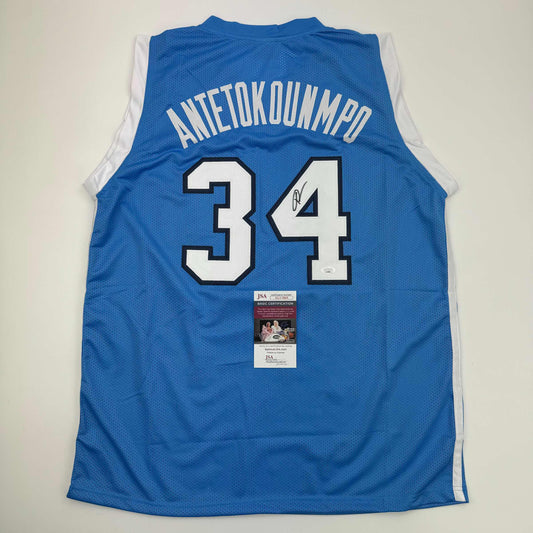 Autographed/Signed Giannis Antetokounmpo Greece Blue Olympic Basketball Jersey JSA COA