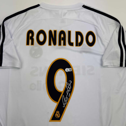 Autographed/Signed Ronaldo Nazario Real Madrid White Soccer Jersey Beckett BAS COA