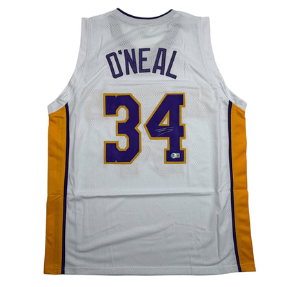 Autographed/Signed Shaquille Shaq O'Neal Los Angeles LA White Basketball Jersey Beckett BAS COA