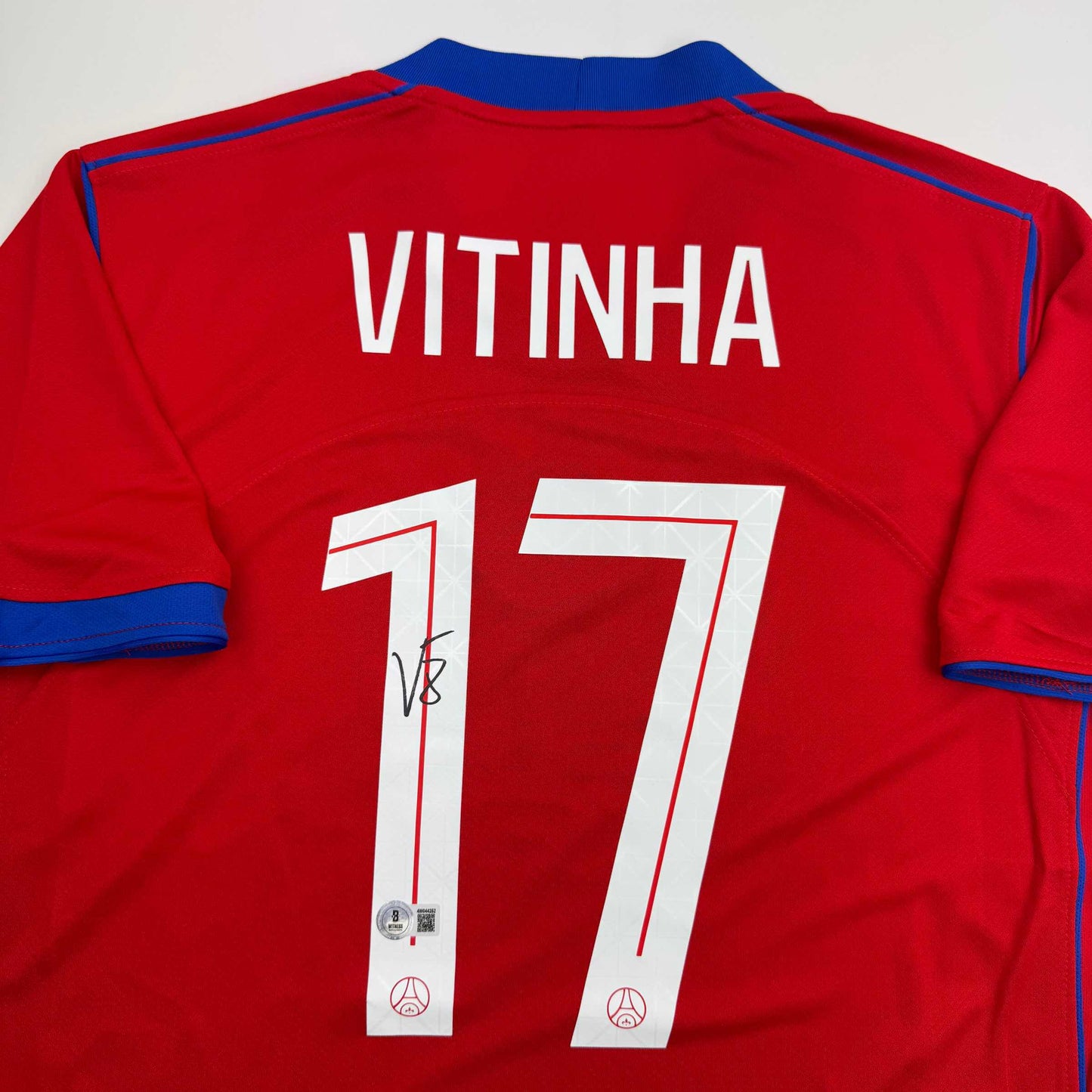 Autographed/Signed Vitinha PSG Paris Saint Germain Red Soccer Futbol Jersey Beckett BAS COA