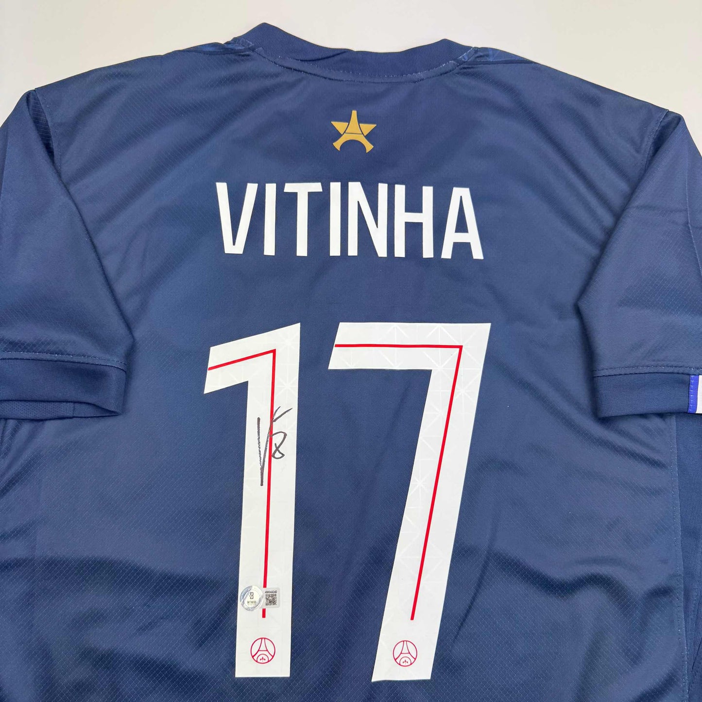 Autographed/Signed Vitinha PSG Paris Saint Germain Blue Soccer Futbol Jersey Beckett BAS COA