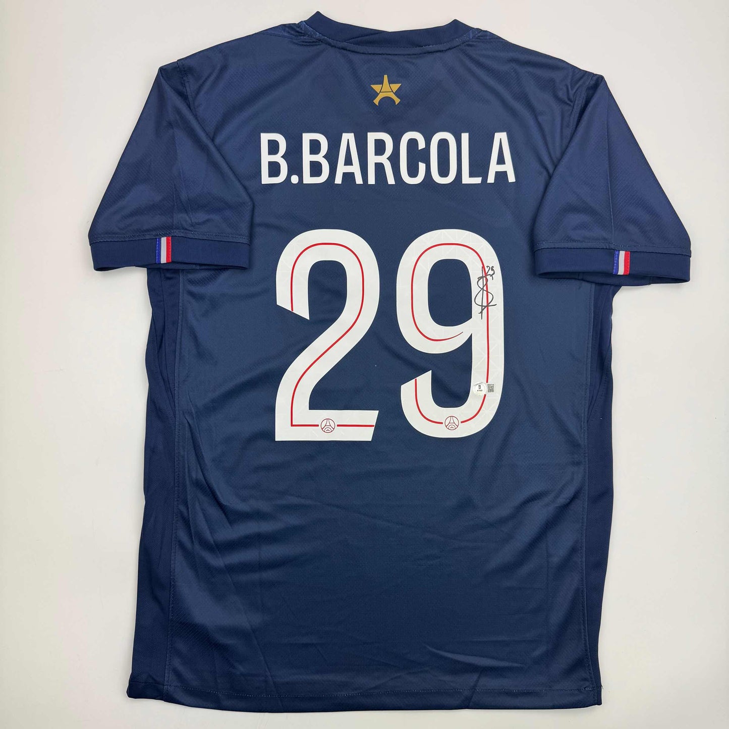 Autographed/Signed Bradley Barcola PSG Paris Saint Germain Blue Soccer Futbol Jersey Beckett BAS COA
