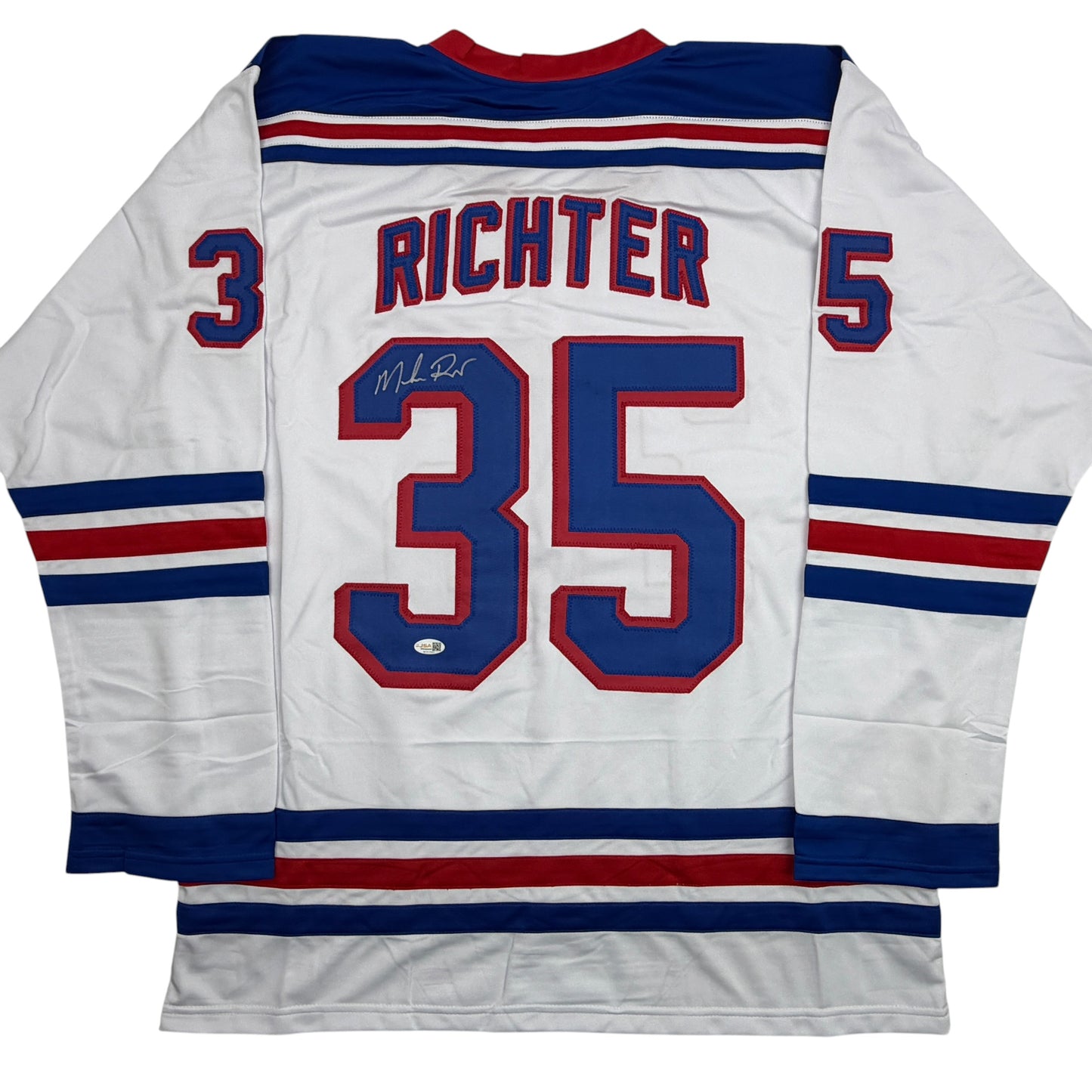 Autographed/Signed Mike Richter New York White Hockey Jersey Beckett BAS COA