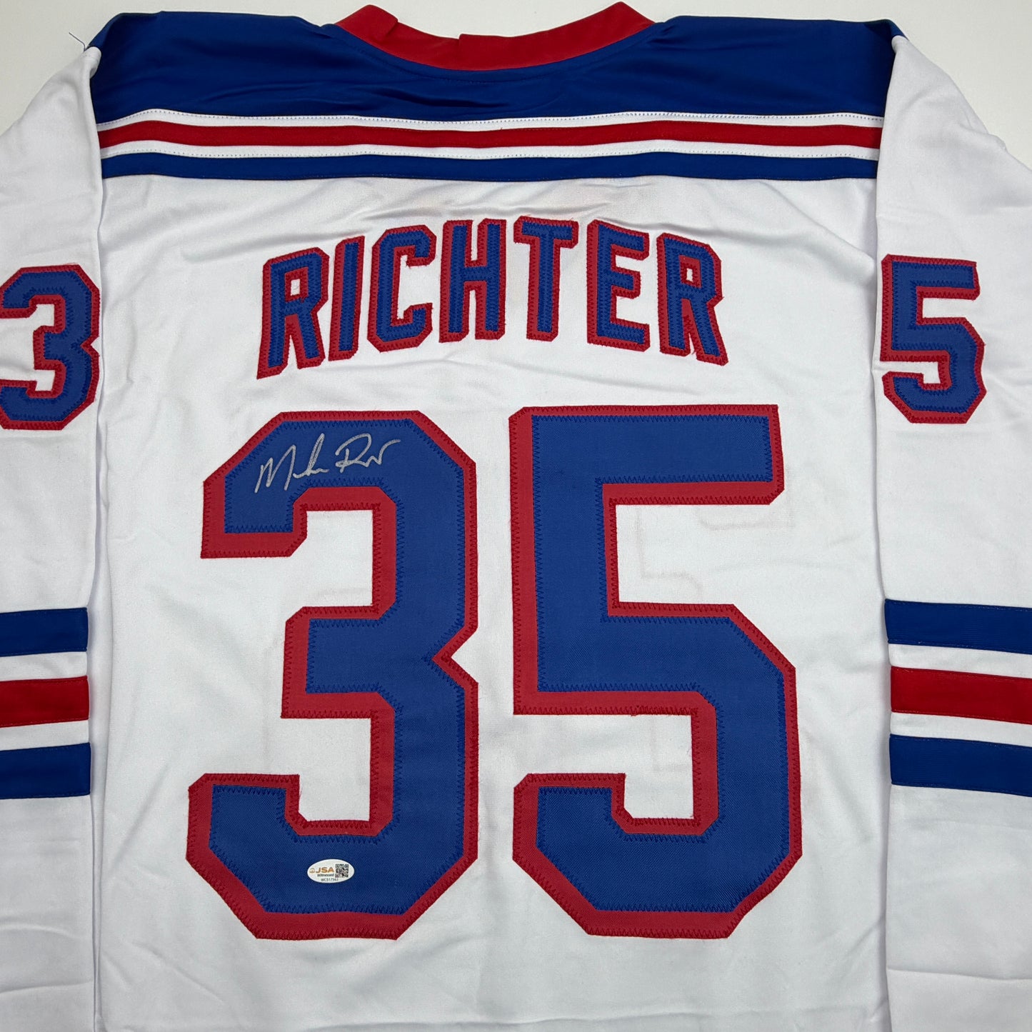 Autographed/Signed Mike Richter New York White Hockey Jersey Beckett BAS COA