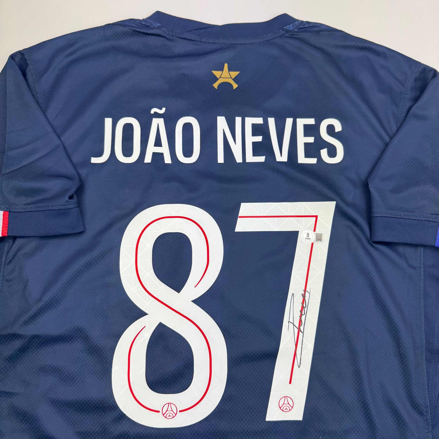 Autographed/Signed Joao Neves PSG Paris Saint Germain Blue Soccer Futbol Jersey Beckett BAS COA