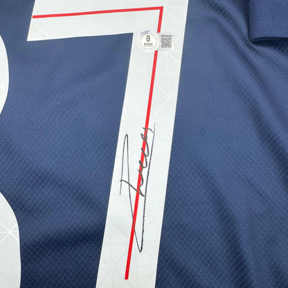Autographed/Signed Joao Neves PSG Paris Saint Germain Blue Soccer Futbol Jersey Beckett BAS COA