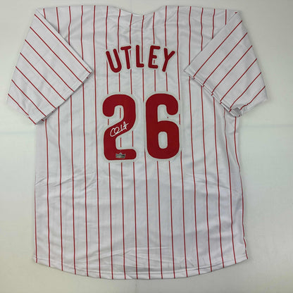 Facsimile Autographed Chase Utley Philadelphia Pinstripe Reprint Laser Auto Baseball Jersey Size Men's XL