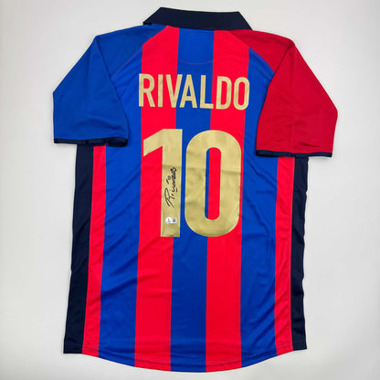 Autographed/Signed Rivaldo Ferreira FC Barcelona Blue Soccer Jersey Beckett BAS COA