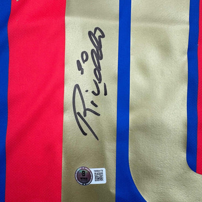 Autographed/Signed Rivaldo Ferreira FC Barcelona Blue Soccer Jersey Beckett BAS COA