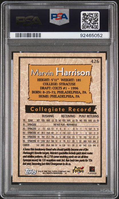 Graded 1996 Topps Marvin Harrison #246 Rookie RC Football Card PSA 9 Mint