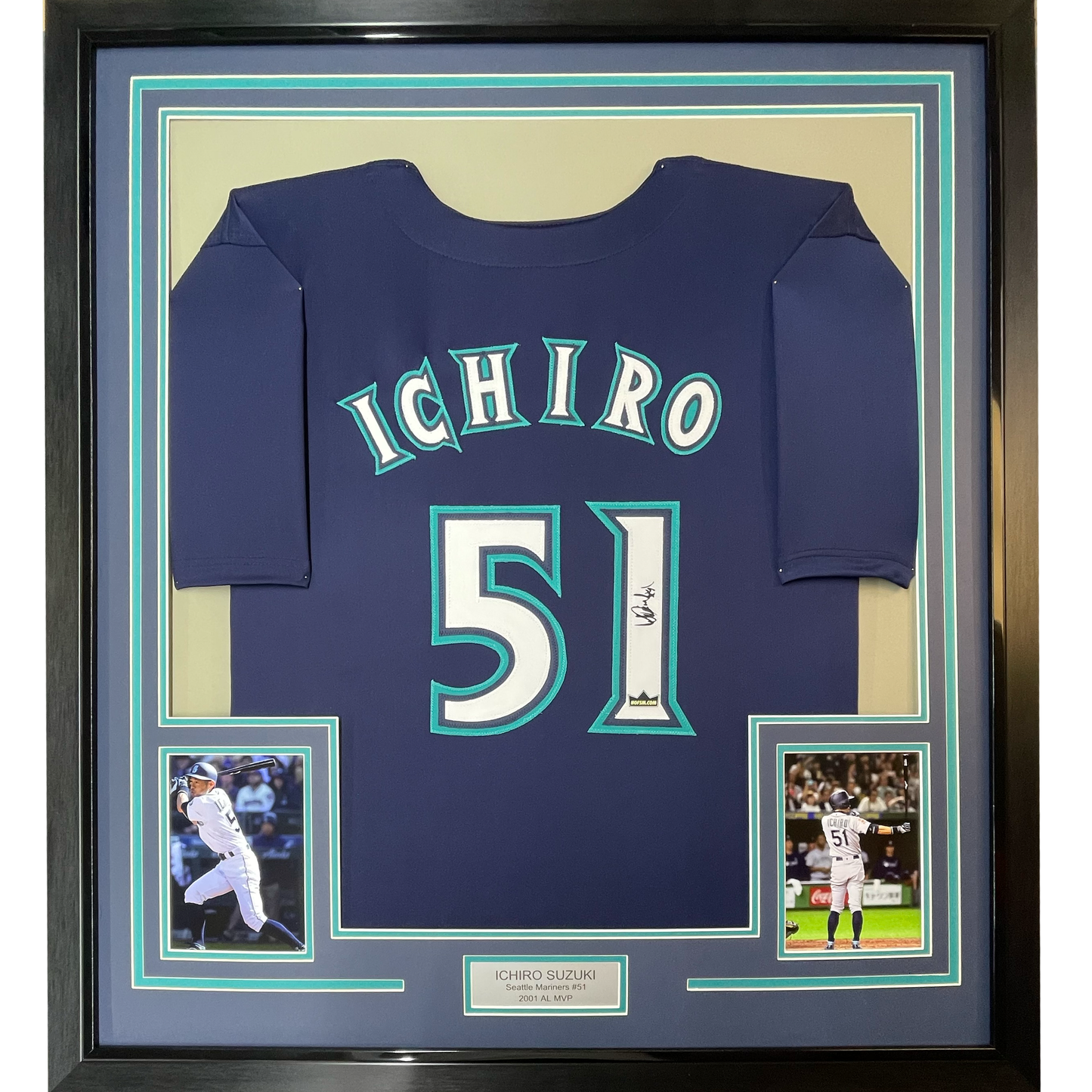 Framed Facsimile Autographed Ichiro Suzuki 35x39 Seattle Blue Reprint Laser Auto Baseball Jersey