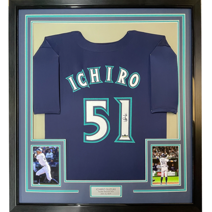 Framed Facsimile Autographed Ichiro Suzuki 35x39 Seattle Blue Reprint Laser Auto Baseball Jersey
