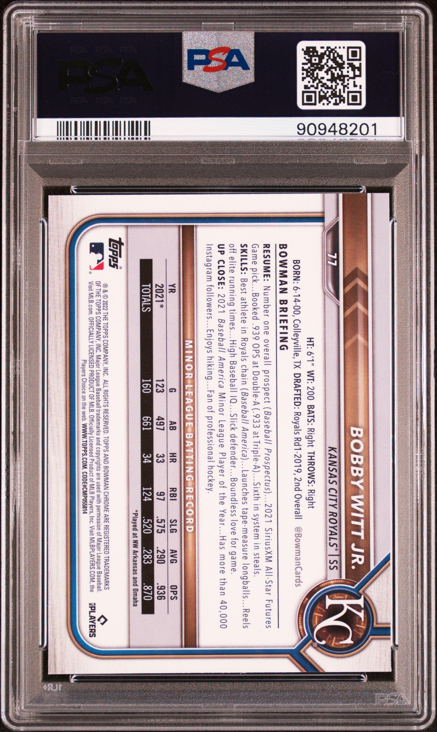 Graded 2022 Topps Bowman Chrome Bobby Witt Jr. #77 Rookie RC Baseball Card PSA 10 Gem Mint