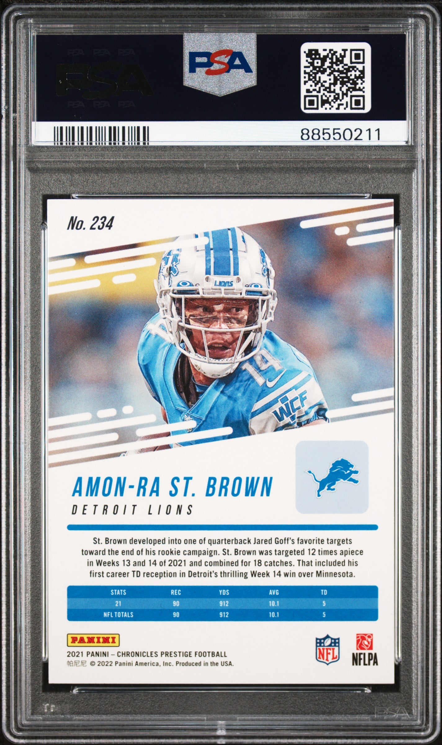 Graded 2021 Panini Chronicles Amon-Ra St. Brown #234 Prestige Rookie Update Rookie RC Football Card PSA 10 Gem Mint