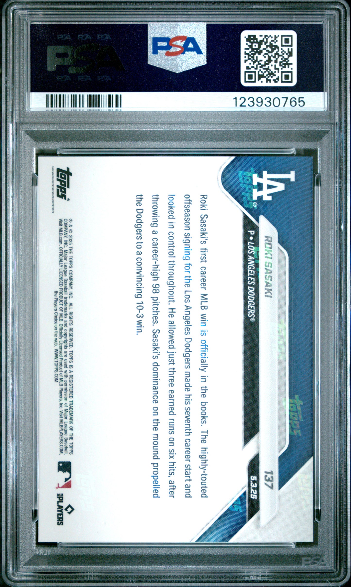 Graded 2025 Topps Now Roki Sasaki #137 Rookie RC Baseball Card PSA 10 Gem Mint