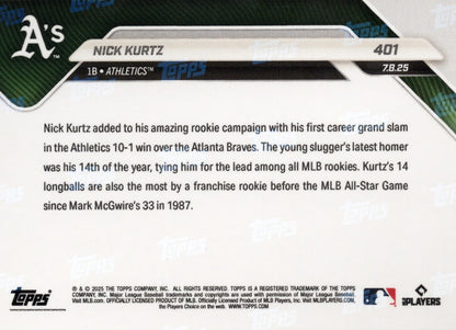 2025 Topps Now Nick Kurtz #401 Black Foil /10 Athletics Rookie RC Baseball Card
