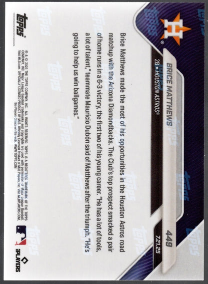 2025 Topps Now Brice Matthews #449 Red Foil /5 Houston Astros Rookie RC Baseball Card